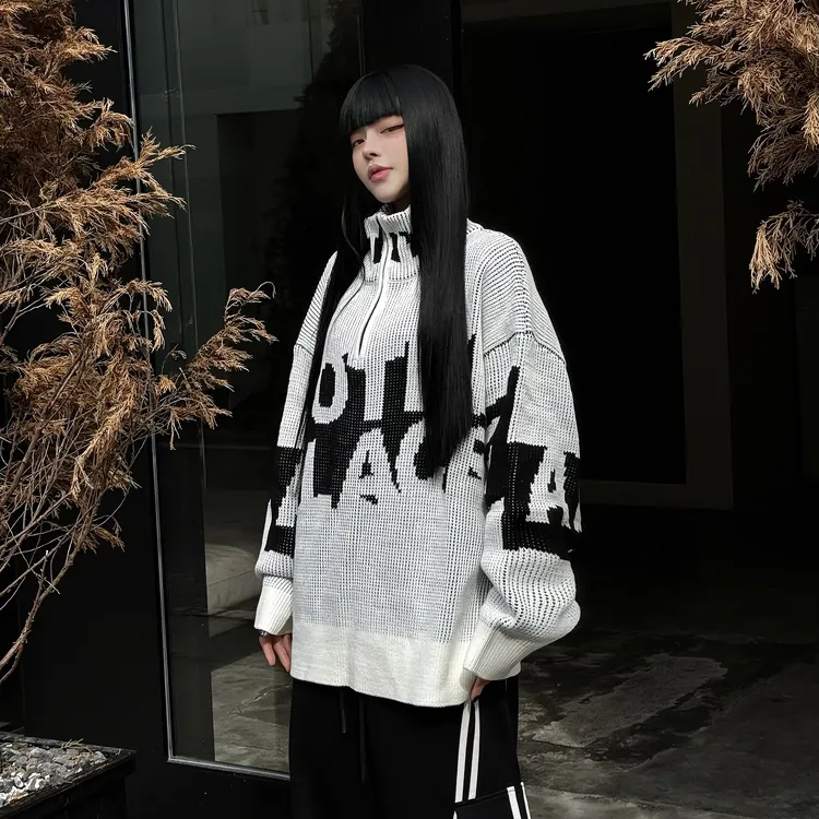 字母半拉链立领毛衣男秋季重磅美式潮流街头休闲宽松针织衫