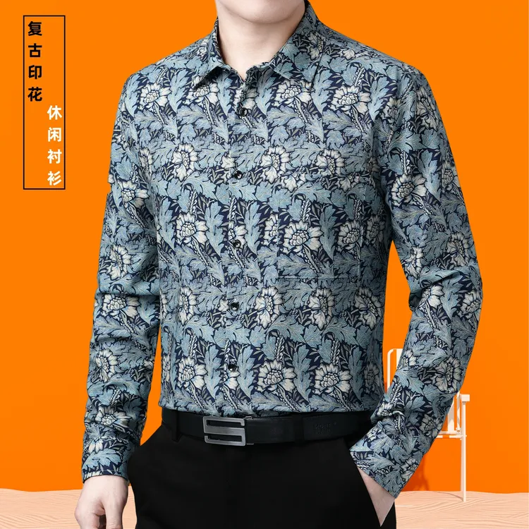 香港保罗意式雅痞帅男高级感牛仔蓝男式水洗纯棉复古长袖花衬衫