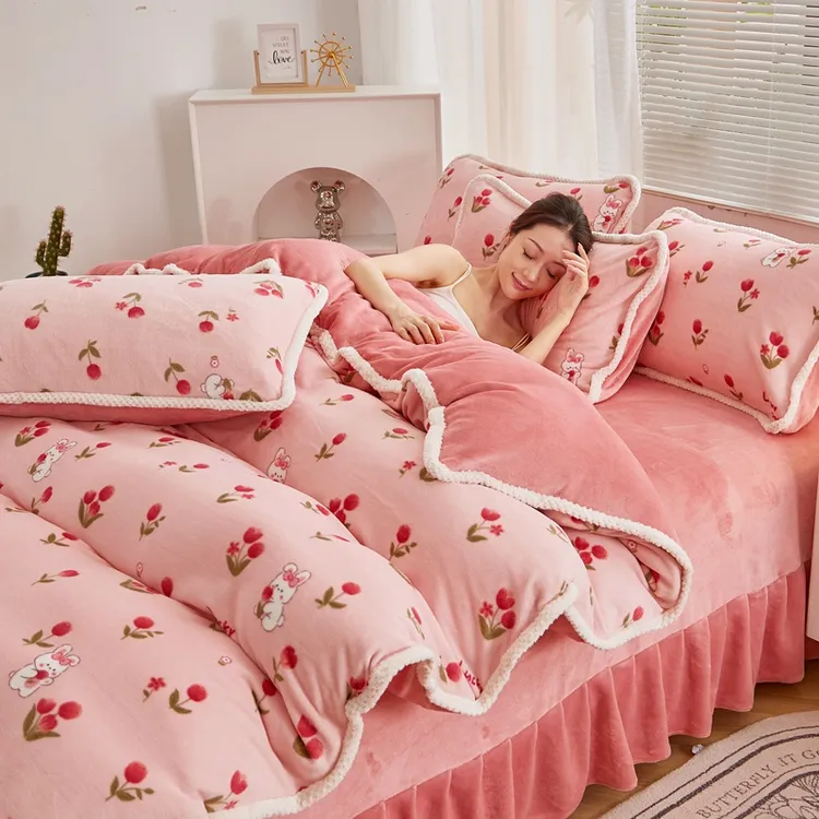 7-8斤高克重加厚保暖印花牛奶绒四件套床裙三件套绒毛四件套加绒4