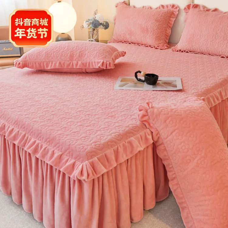 高档纯色牛奶绒床裙床笠二合一加厚防滑全包席梦思床罩加绒床垫套