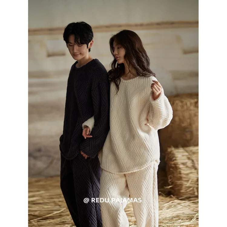 热妒情侣珊瑚绒睡衣女秋冬季宽松圆领加绒男生保暖家居服套装新款