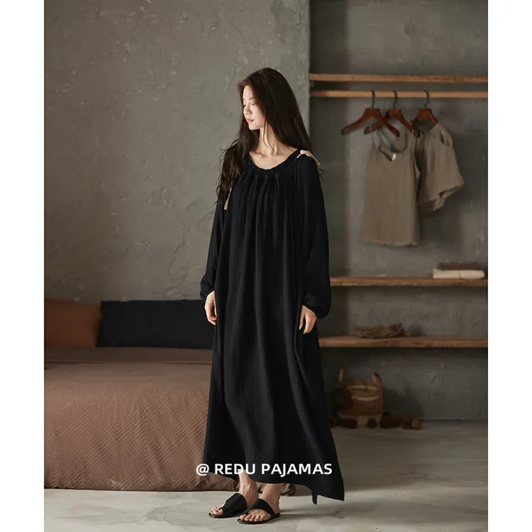 热妒宽松睡裙女春秋大码黑色纯棉纱布长裙带胸垫家居服