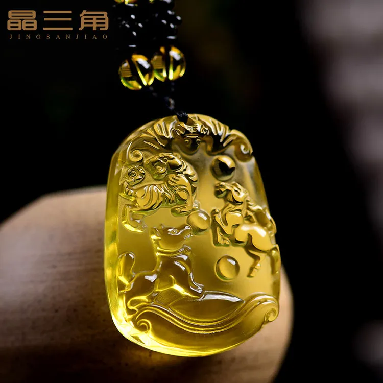 巴西天然黄水晶生肖属虎马狗三合贵人吊坠寅午戌吉祥物男女款项链