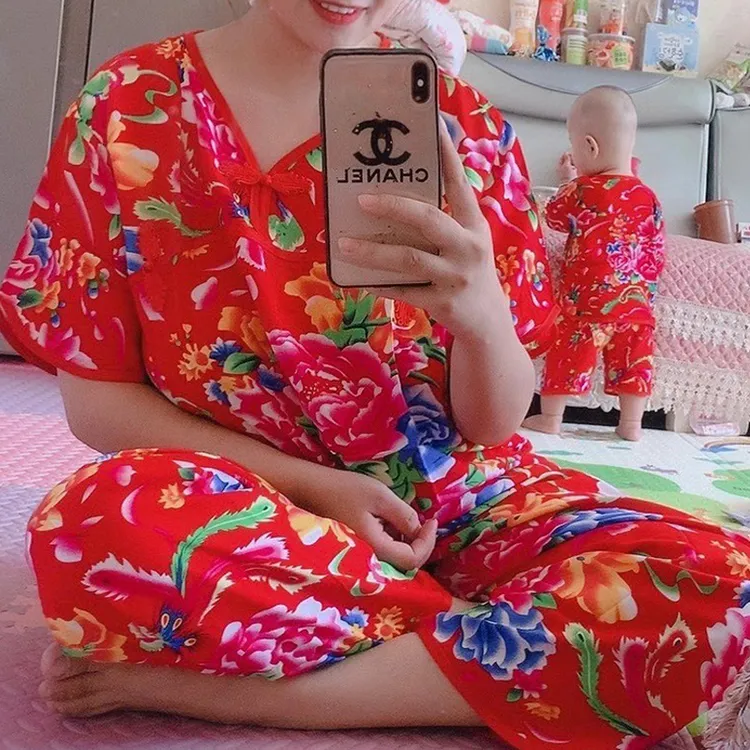 东北大花亲子装棉绸男女大码短袖T恤民族风夏季二人转表演服潮服