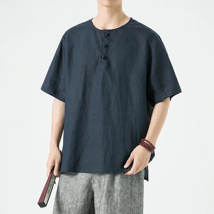 100%夏季男士纯亚麻中国风男装短袖大码复古宽松新中式T恤唐装