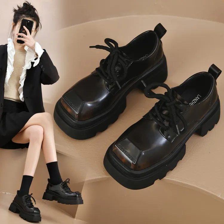 时尚金属方头乐福鞋女2024夏季新款厚底单鞋法式英伦风小皮鞋女