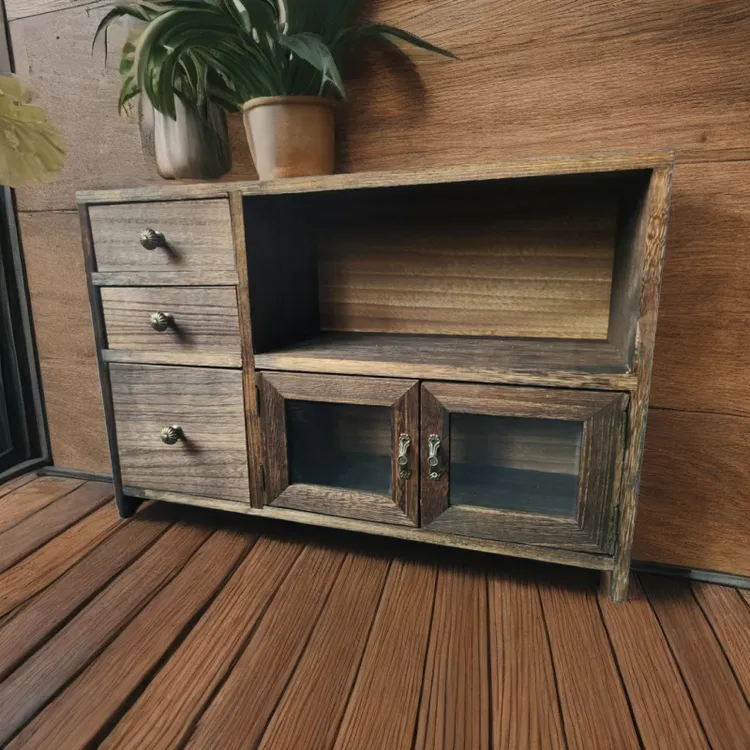 实木三抽多格收纳盒复古防尘客厅抽屉式木质1117