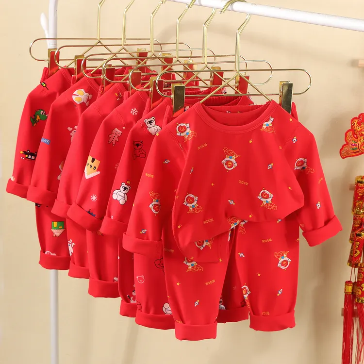 儿童婴儿宝宝红色喜庆内衣套拜年服保暖秋衣秋裤莱卡