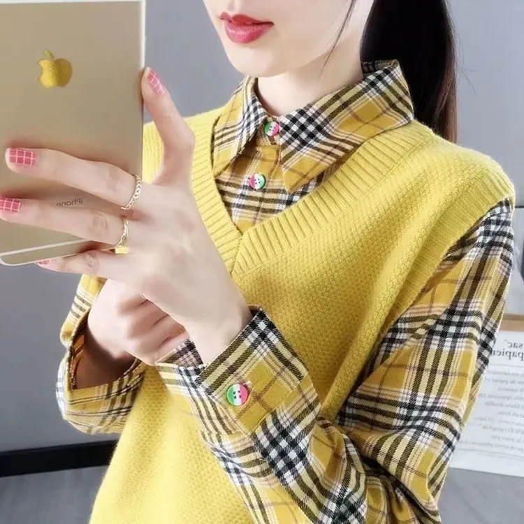 假两件女士马甲2023春秋季新款衬衫领洋气女装上衣针织打底衫宽松