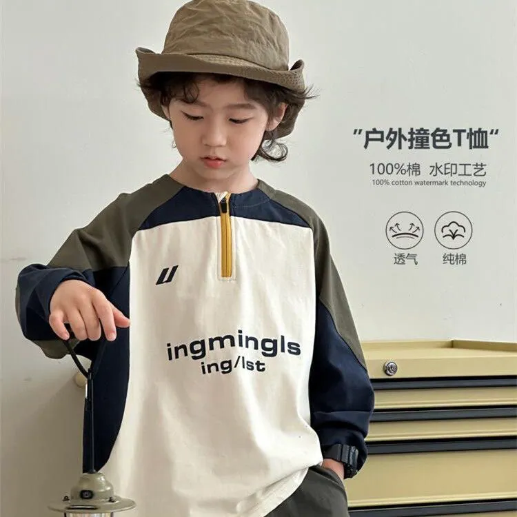 男童长袖T恤2025秋装新款帅气中大童撞色上衣纯棉内搭儿童打底衫T