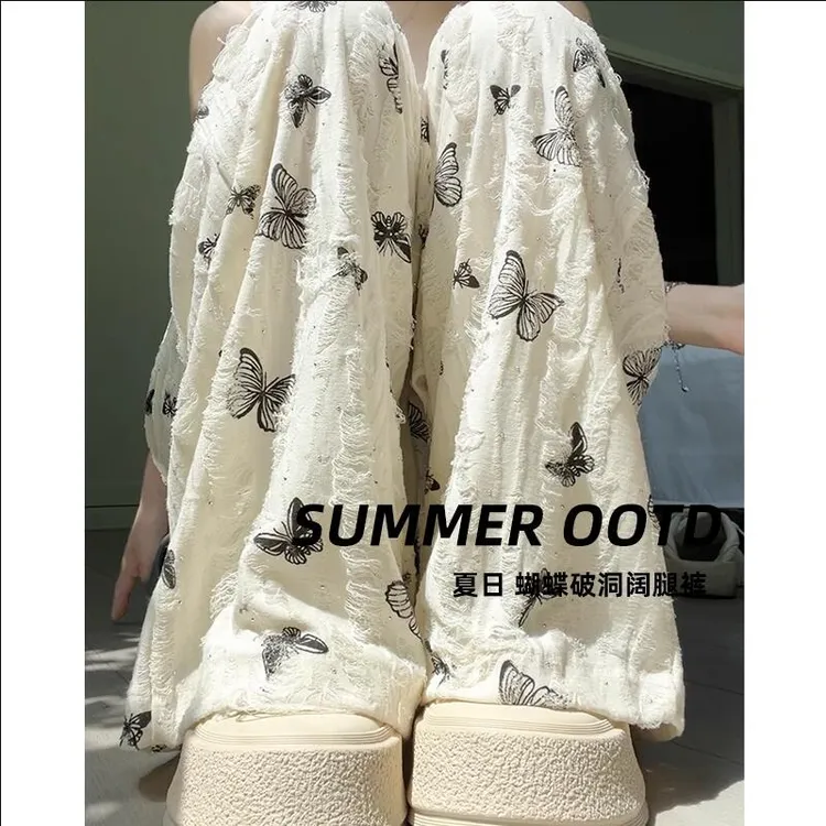 冰丝阔腿裤女夏季高腰垂感休闲慵懒小个子蝴蝶印花破洞白色直筒裤
