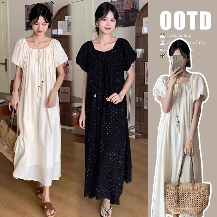 TU TU自制 孕妇装夏季新款法式度假风方领亮钻孕妇连衣裙中长款