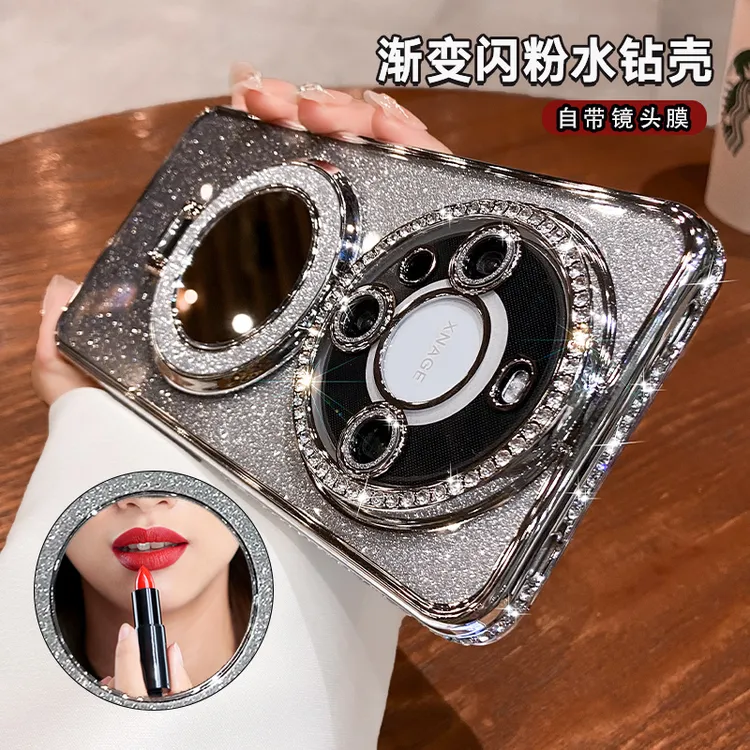 奢华水钻适用华为mate60Pro+手机壳镜头膜70Pro防摔镜子支架50女4