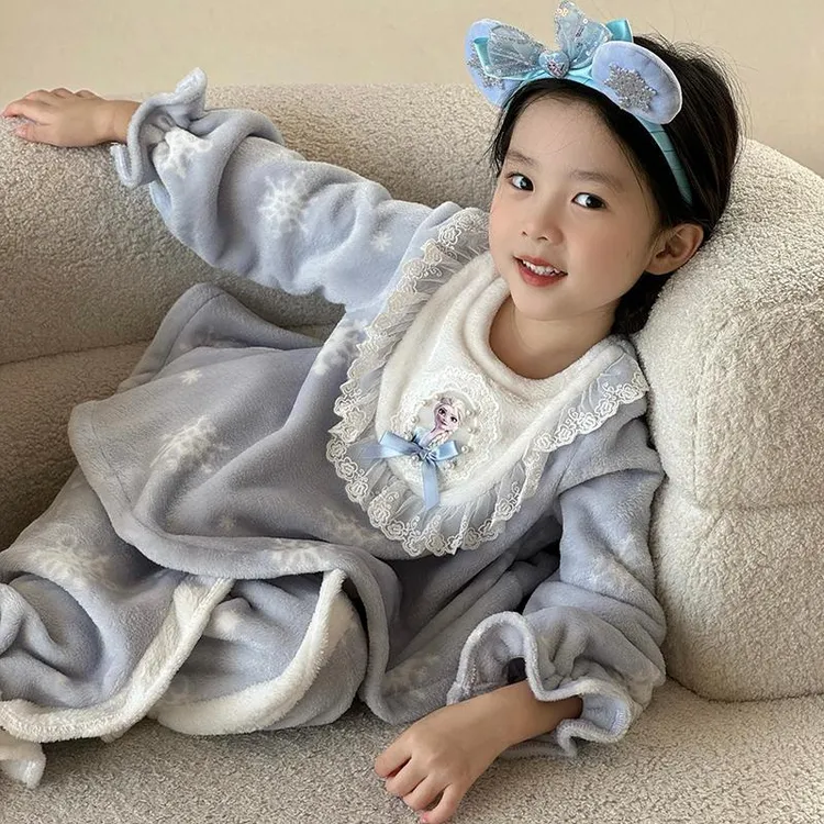 现货女童法兰绒套装冬新款爱莎公主珊瑚绒睡衣冰雪奇缘儿童家居服