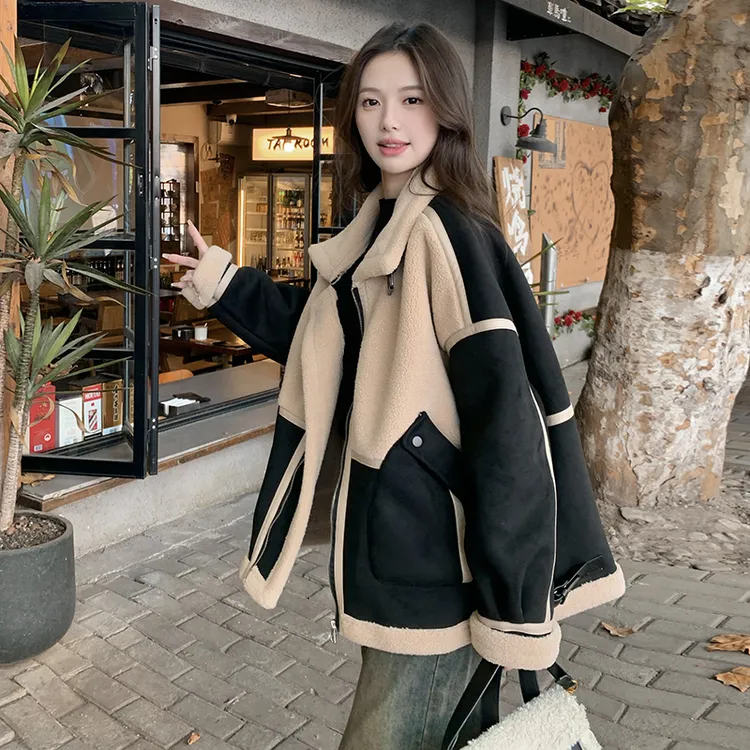 美拉德皮毛一体羊羔毛厚外套女2024新款爆款秋冬加绒短款机车棉服