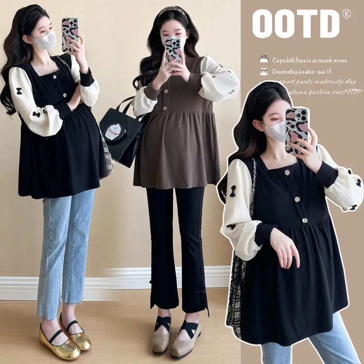 孕妇遮肚子不显怀上衣2024秋季新款韩版撞色气质宽松小香风娃娃衫