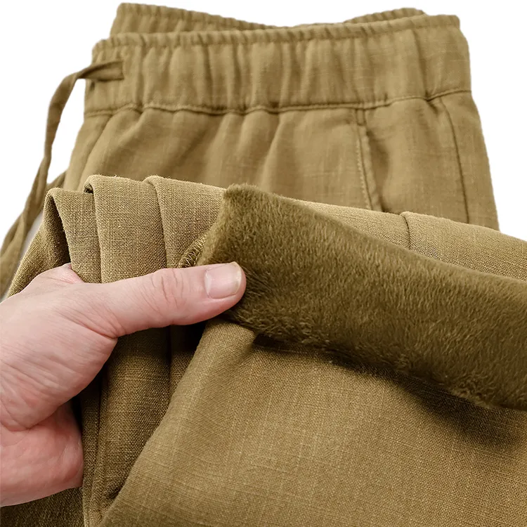 中国风加绒休闲裤男秋冬保暖加绒宽松直筒棉麻长裤加厚亚麻棉裤子