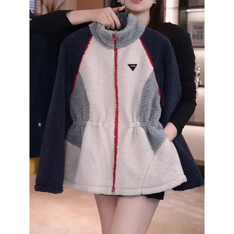 港式复古撞色拼接羊羔绒短款外套女2024冬季新款立领气质显瘦外套