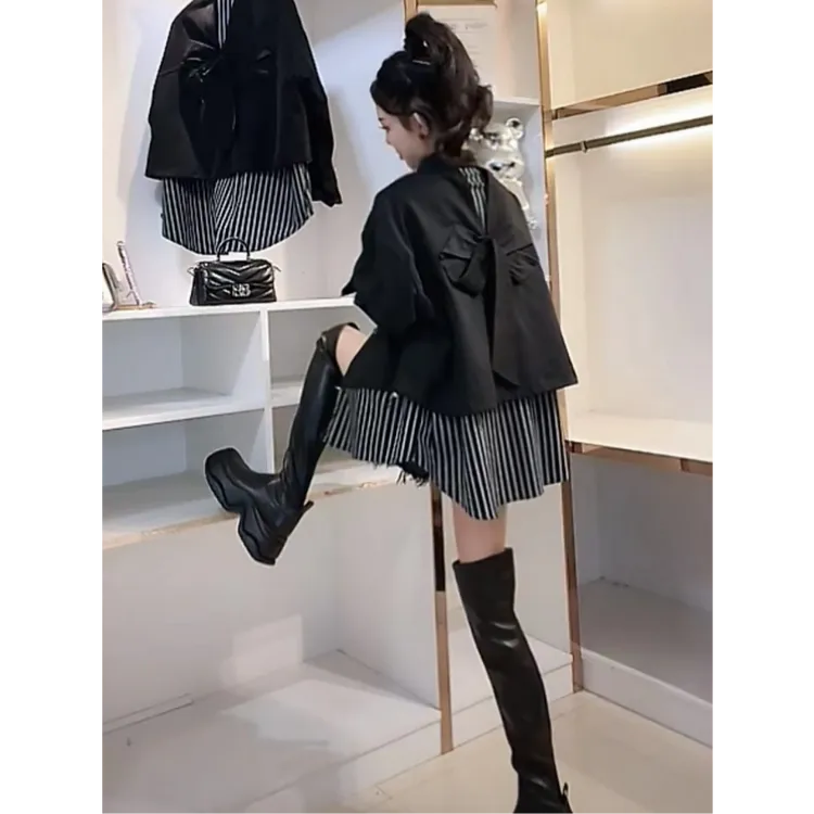 蝴蝶结外套女2025春季新款宽松高级设计感拼接条纹时尚短款风衣