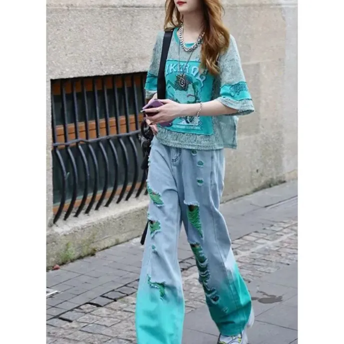 欧洲站2025夏季新款洋气百搭休闲圆领T恤女时尚高腰牛仔裤两件套