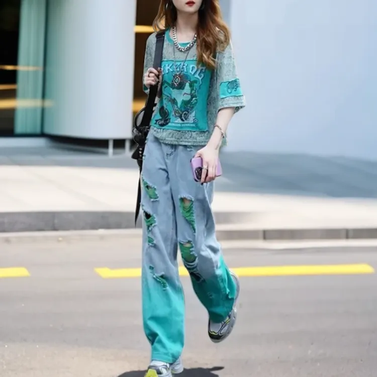 欧洲站2025夏季新款洋气百搭休闲圆领T恤女时尚高腰牛仔裤两件套