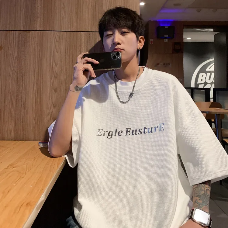 NINEDAO/玖岛华夫格短袖t恤男夏季2025韩版潮流半袖宽松体恤上衣