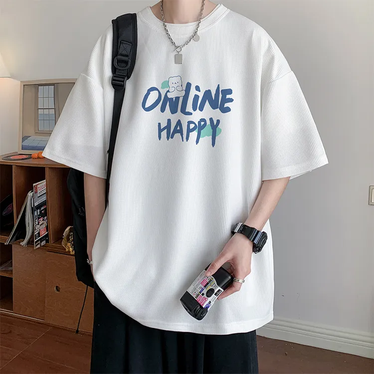 NINEDAO/玖岛夏季爆款华夫格短袖T恤男士青少年潮流宽松圆领半袖