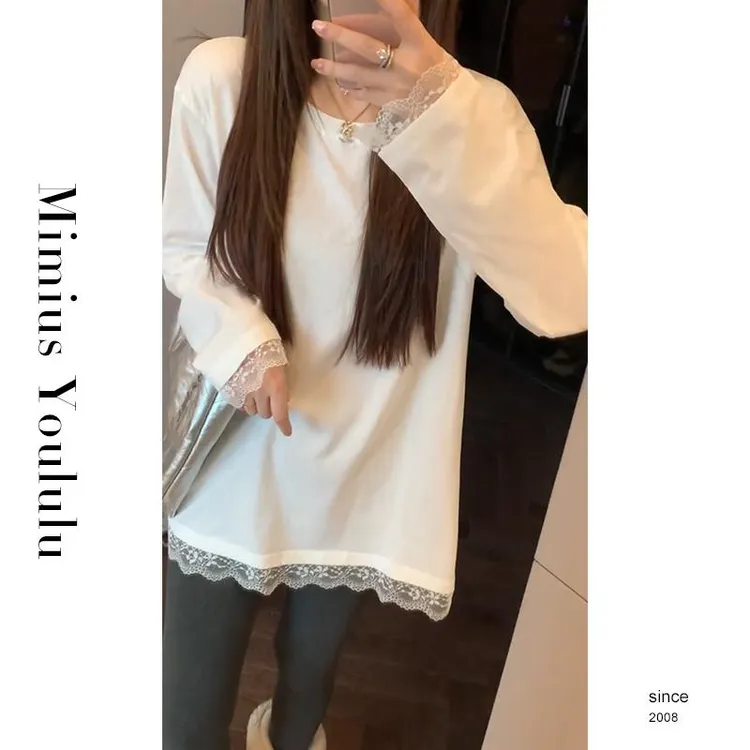 磨毛感秋冬内搭宽松蕾丝花边拼接休闲白色时尚T恤