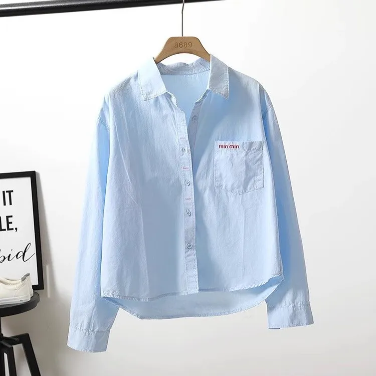 2025春秋新款时尚韩版字母口袋宽松休闲短款长袖百搭衬衫女士上衣