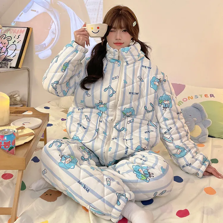 女士睡衣冬季三层夹棉加厚加绒保暖学生女款冬天家居服套装可外穿