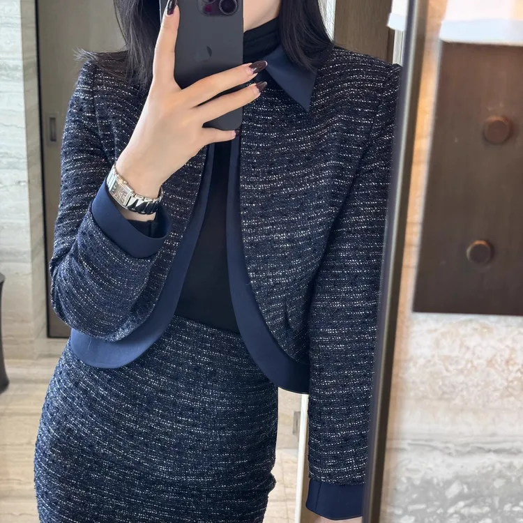 随性都市通勤 高质暮蓝色翻领短款外套半身裙两件套装-3233