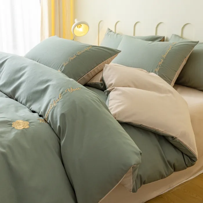 简约轻奢全棉40支刺绣纯色四件套-山茶花 山茶花-草绿+奶茶