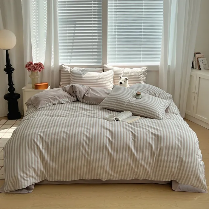 秋冬A类条纹纯色磨毛四件套 半岛中条-咖