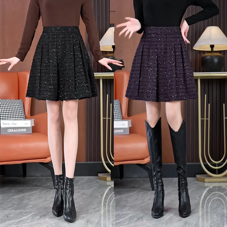 大码微胖MM百褶半身裙秋冬复古短裙女高腰A字格子遮肚子梨形身材