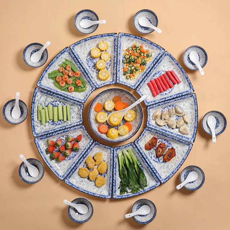 创意网红中式青花瓷陶瓷拼盘家用团圆摆盘碗碟套装过年夜餐具组合