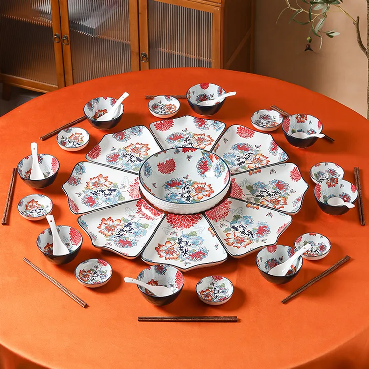 网红中式过年团圆圆桌盘子菜盘家用陶瓷拼盘餐具组合套装结婚餐盘