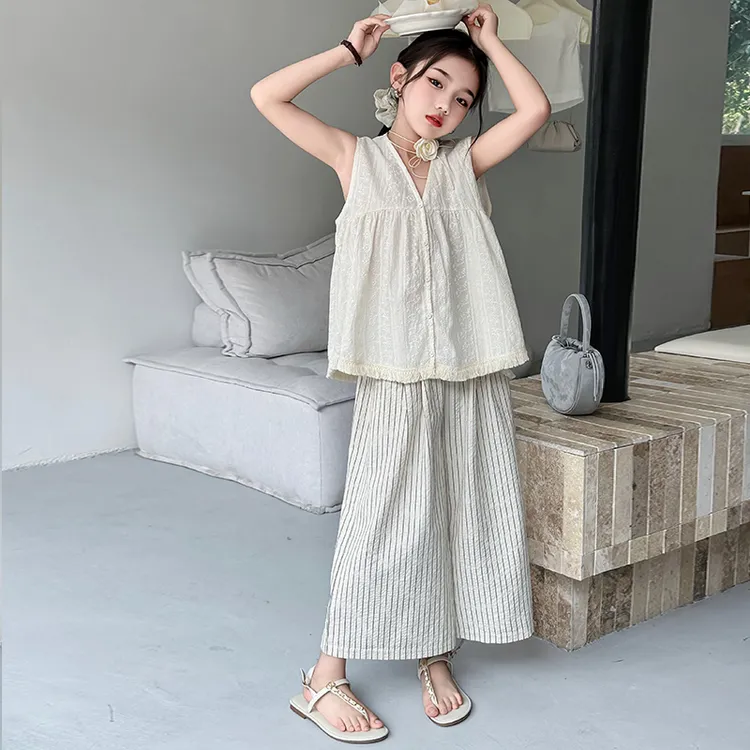 女童无袖衬衫套装夏季2025新款儿童条纹阔腿裤两件套大童韩系夏装