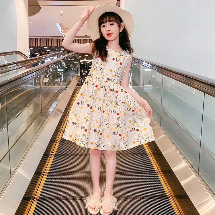 女童夏季连衣裙碎花纯棉公主长裙腰带收腰田园风暑假旅游度假103