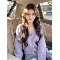 YS#温柔风紫色V领针织毛衣开衫外套女冬短款毛衣外穿DY11682