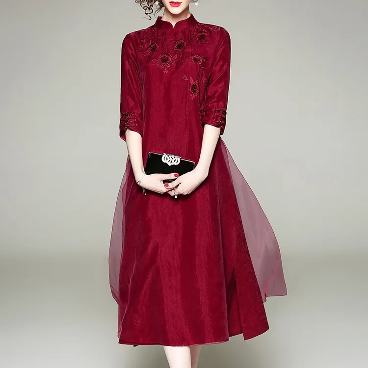 红色高贵奢华婚庆礼服气质喜婆婆喜妈妈婚宴装2025新款连衣裙红色