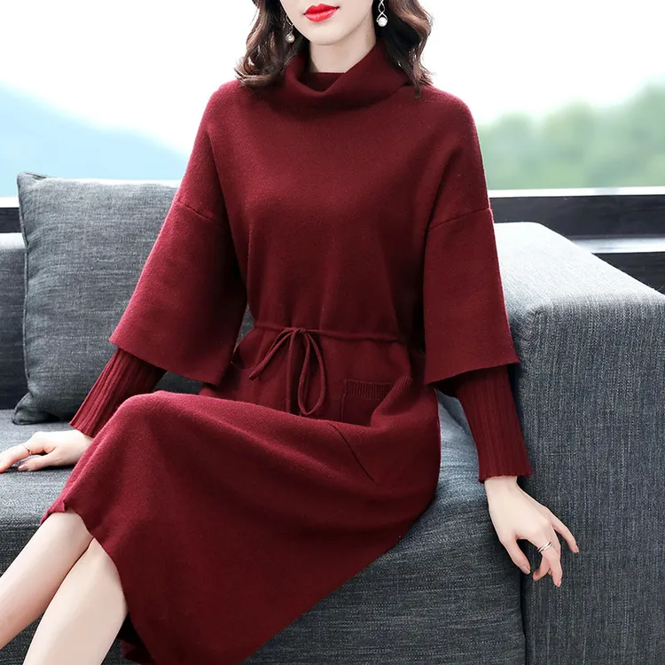 高端红色毛衣连衣裙女秋冬妈妈婚宴礼服新款胖mm气质针织打底裙子