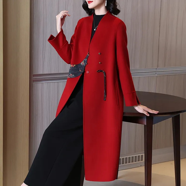 香云纱拼接羊毛呢子大衣本命年女装新款高级感气质秋冬龙年外套