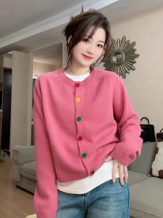 撞色法式圆领春装针织开衫女设计感慵懒宽松毛衣外套外搭软糯上衣