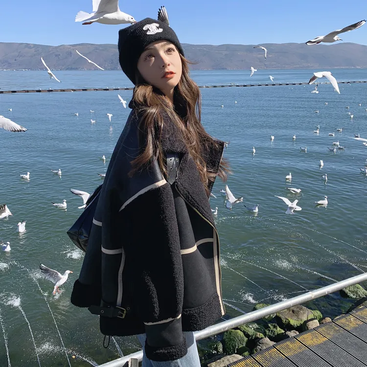 皮毛一体麂皮绒机车服高级感加厚冬季小香风外套爆款羊羔毛女短款