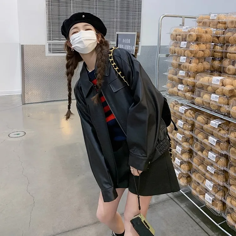 黑色皮衣外套女春秋港风炸街复古小个子短款机车服休闲皮夹克ins