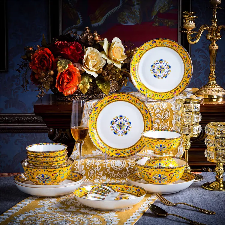 景德镇高档珐琅彩耐高温易清洗家用餐具套组18件套景德镇碗盘餐具