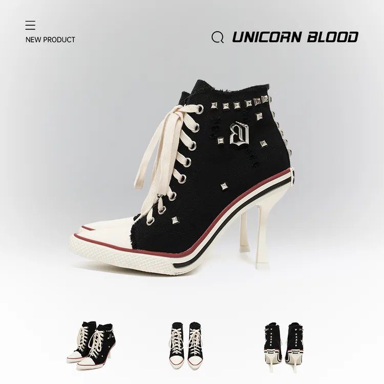 UNICORN BLOOD破环风钉珠帆布高跟鞋Gal系欧若风低帮系带高跟鞋