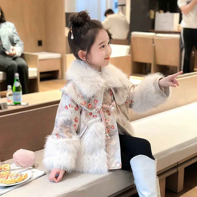 女童国风毛毛衣加绒外套秋冬款2025新款宝宝冬季棉服儿童加厚上衣
