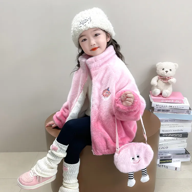 女童网红渐变色毛毛衣儿童时髦加绒加厚外套2024新款宝宝冬装上衣