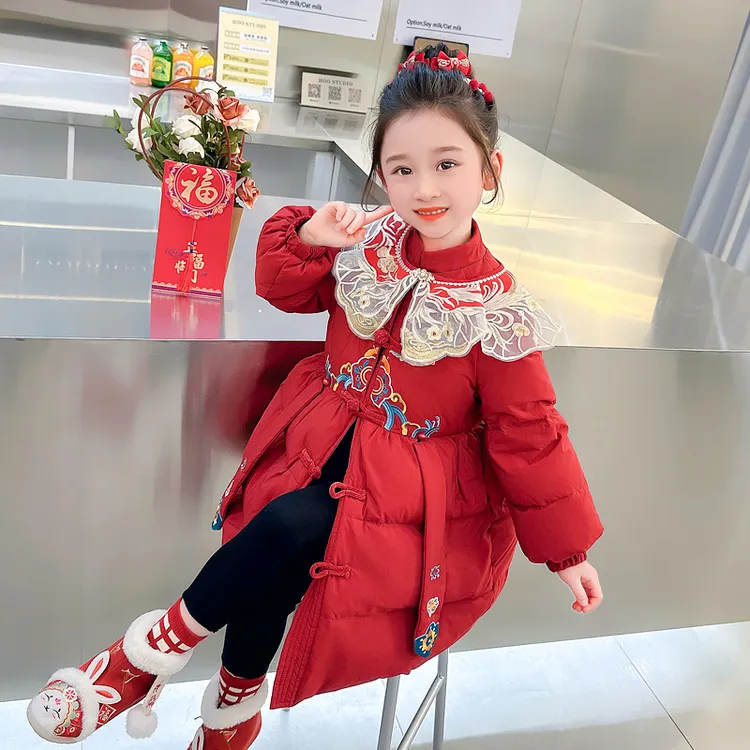 羽绒服女童2025新款冬季红色加厚外套儿童过年服喜庆汉服拜年服